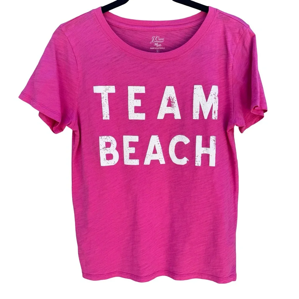 J Crew Team Beach Graphic Shirt Pink Slub Cotton Coastal Barbiecore Womens S
